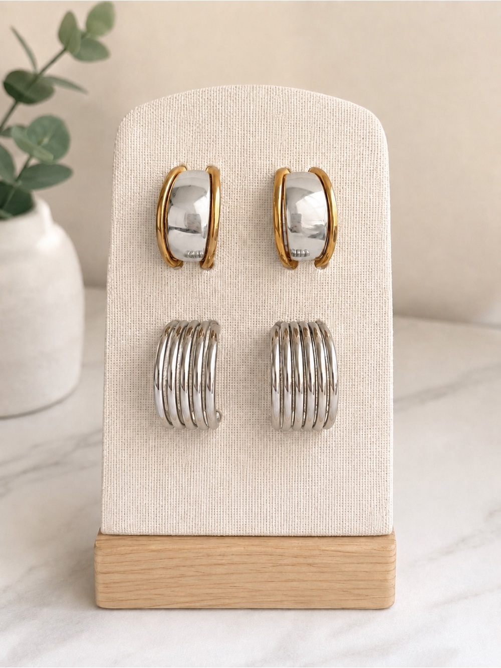 Two-Pair Mixed Metal Hoop Earrings - Gold & Silver Clip-On